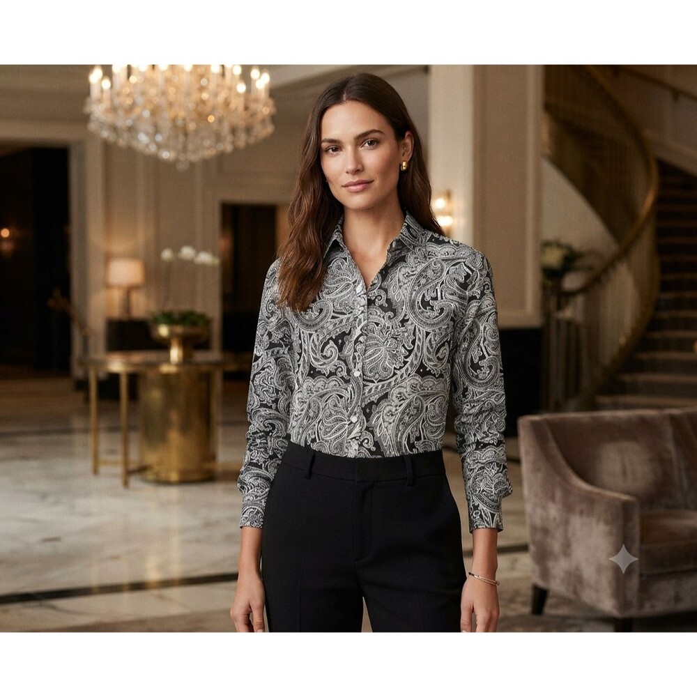 Lauren Ralph Lauren Women’s L Non‑Iron Black White Paisley Shirt Quiet Luxury